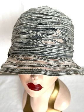 Vintage Adolfo Cloche Vtg Mesh & Ribbon Grey Retro Summer Hat Flapper
